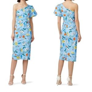 HUNTER BELL Margo One Shoulder Midi Dress Light Blue Floral Bodycon Size 6